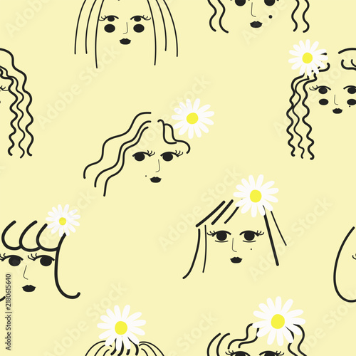 Seamless Women with Flowers Pattern – Floral Female Faces Illustration