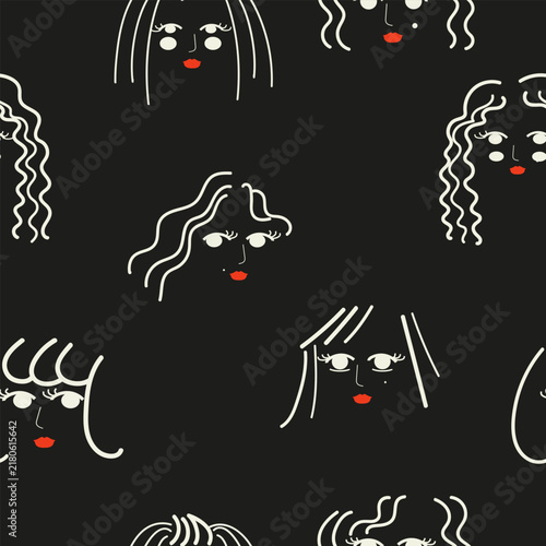 Illustration of six women faces and female portraits. Artistic collection of feminine heads with diverse hairstyles and elegant expressions, ideal for beauty