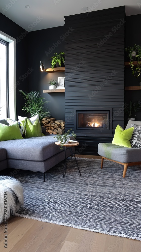 Fototapeta premium Modern dark living room interior with black fireplace and green accents