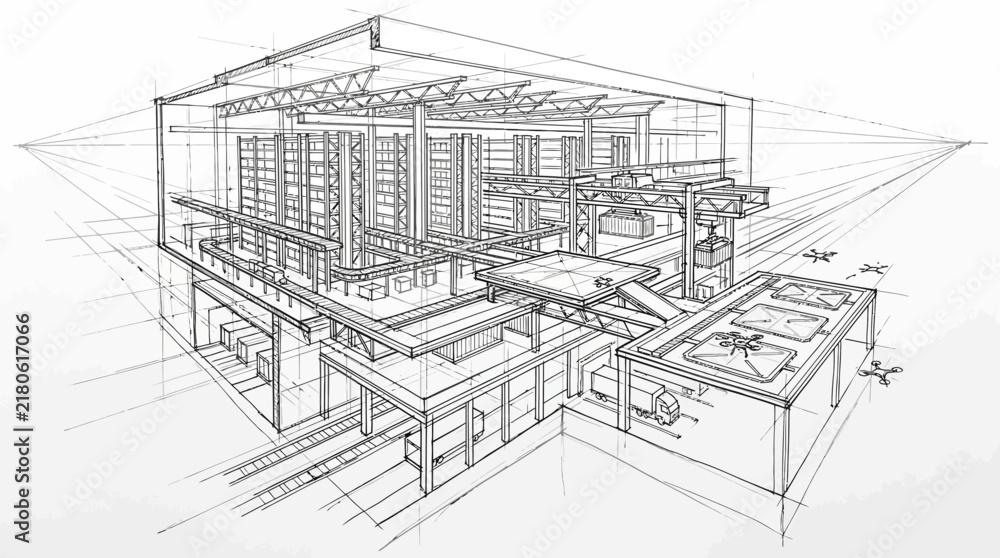 Fototapeta premium Automated warehouse architectural sketch displays interior storage systems and logistics conveyor machinery.