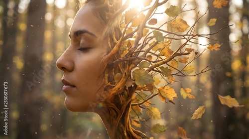 Surreal portrait of a woman merging with a tree in an autumn forest with golden sunlight