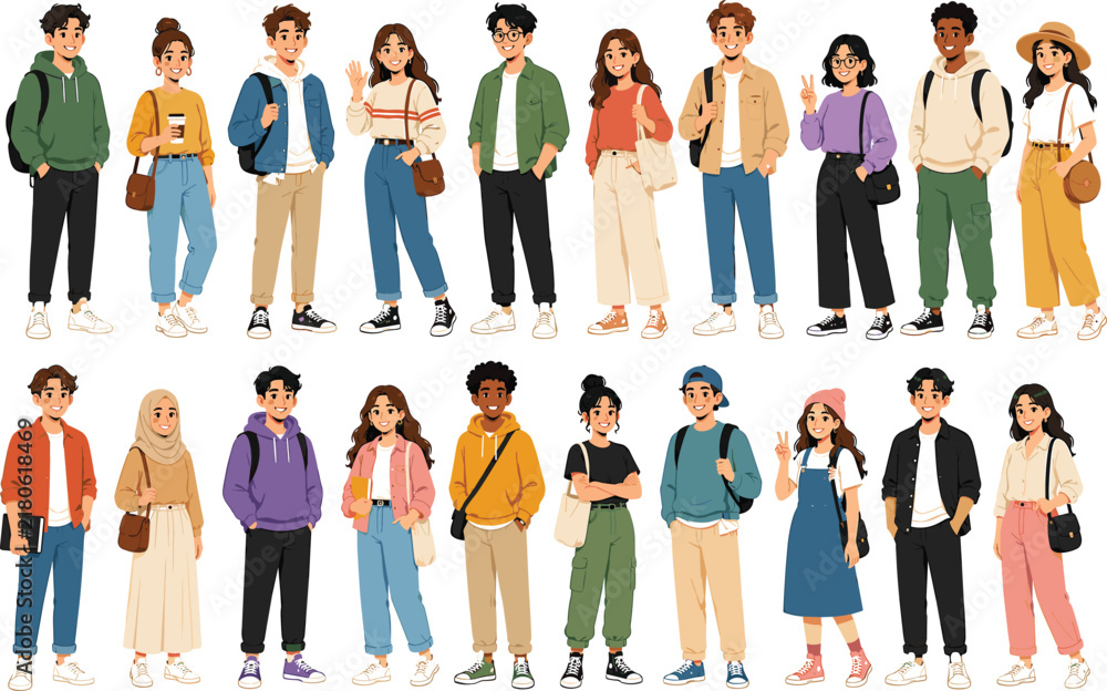 Obraz premium Casual youth fashion vector illustrations of students with modern clothing and accessories
