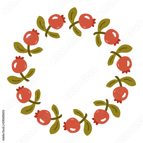 Botanical wreath with red berries isolated on a white background. Round frame with a natural theme. Vector hand-drawn flat illustration. Perfect for cards, invitations, decorations, autumn design.