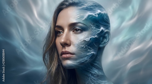 Surreal Conceptual Portrait of a Woman Merging with Ocean Waves and Sea Foam