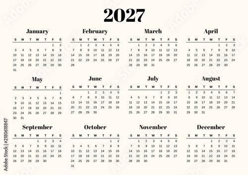 Minimalist horizontal 2027 annual calendar, week starts on Sunday. Planner template with all twelve months arranged in a clean grid, featuring elegant black typography on a warm off-white background.
