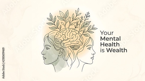 A conceptual illustration featuring a stylized human head silhouette filled with intricate golden line art patterns and the text your mental health in