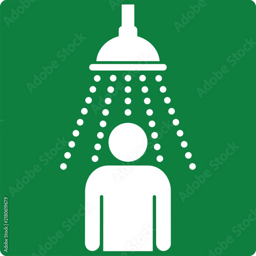 Emergency shower safety sign, white person pictogram under shower head on green background, industrial safety icon vector ,Clean grouped each Icon
