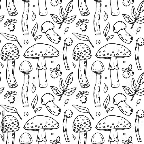 Seamless hand-drawn woodland pattern with mushrooms, leaves and berries. Minimalist forest doodle background, perfect for fabric, wallpaper, wrapping paper, stationery and autumn design.