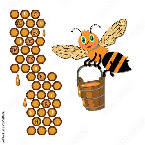 Illustration of a honey bee in cartoon style with a bucket full of honey and a honeycomb with the vitamin names containing
 in honey