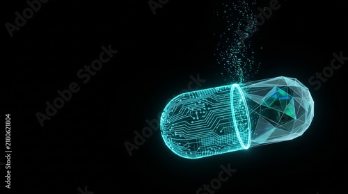 Futuristic digital pill with glowing circuit board, high-tech medical capsule on black background, biotechnology and smart medicine concept
