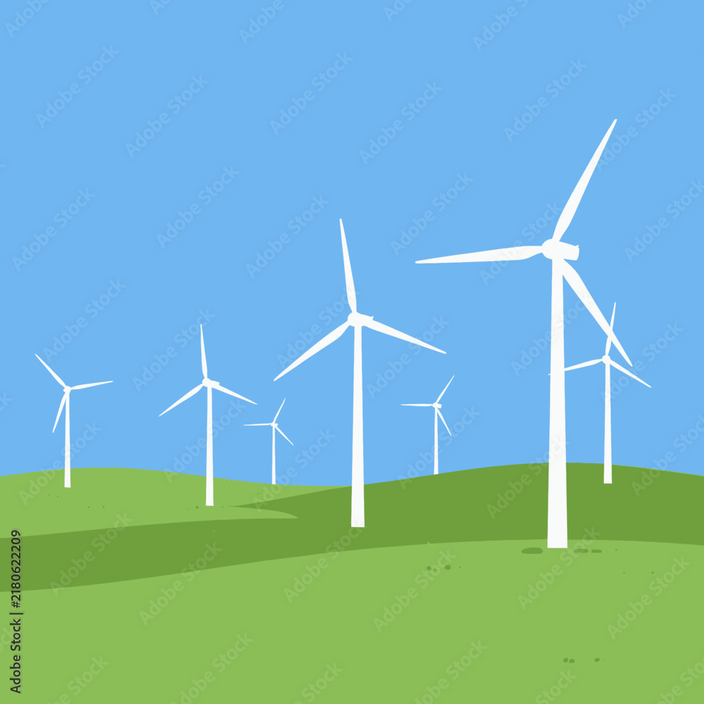 Fototapeta premium Modern White Wind Turbines Standing in a Lush Green Rolling Hills Landscape Under a Clear Blue Sky for Sustainable Renewable Energy Production Concept Illustration
