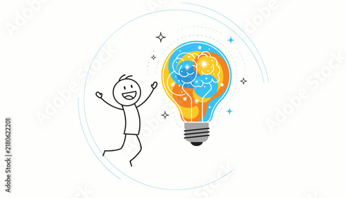Happy stick figure jumping for joy next to large glowing lightbulb containing brain shapes as symbol for great ideas.