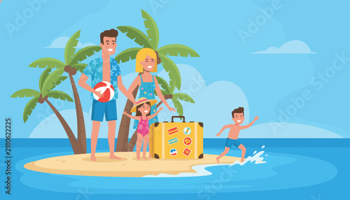 Happy family with parents and children enjoying a summer vacation on a tropical island with palm trees and a suitcase.