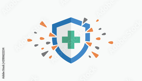 Immunocompromised concept showing a broken blue medical shield with a green cross symbol and shards flying away.