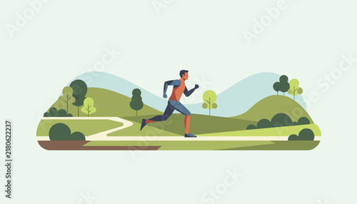 Young man in athletic wear jogging along a winding park path surrounded by green hills and trees for morning exercise.