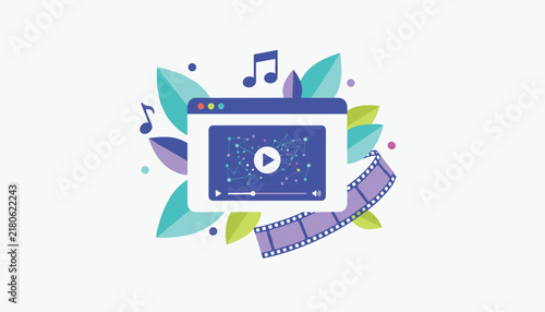 Multimedia interface illustration featuring a video player screen with musical notes and film reels among green leaves.