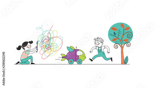 Creative children playing and drawing with colorful markers while a purple toy spaceship car rolls along the floor.