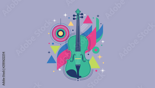 Artistic violin illustration surrounded by vibrant geometric shapes and musical symbols on a solid lavender background.