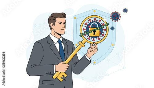 Secure data protection concept with a businessman holding a golden key to unlock a virus shield icon under protection.