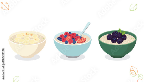 Three bowls of healthy breakfast oatmeal topped with sliced bananas, fresh red berries, and ripe black blackberries.