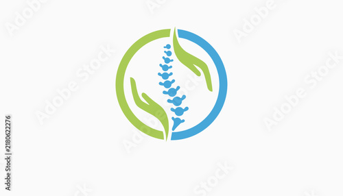 Chiropractic healthcare logo featuring a stylized human spine framed by two caring hands within a blue and green circle.