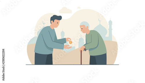 Kind young man giving a gold coin to a senior citizen with a walking stick in front of a traditional mosque backdrop.