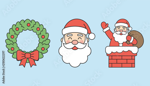 Christmas holiday icon set featuring a green pine wreath, Santa Claus face, and Santa climbing down a brick chimney.