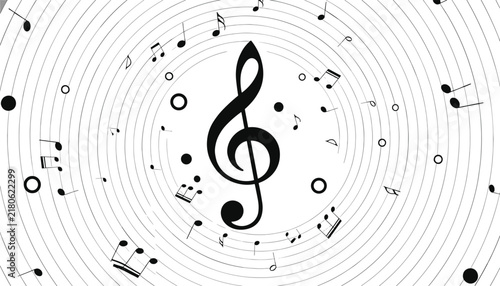 Musical background design featuring a large black treble clef at the center of many thin concentric circles and notes.