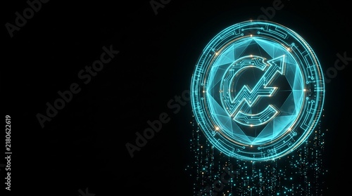 Futuristic glowing cryptocurrency coin with upward arrow, digital finance and blockchain technology concept, neon blue crypto token on black background