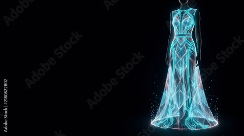 Futuristic glowing digital dress on mannequin, neon blue holographic gown with geometric light patterns, high-tech fashion concept
