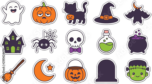 Set of cute halloween stickers featuring ghost pumpkin cat witch hat bat haunted house spider skull potion cauldron moon