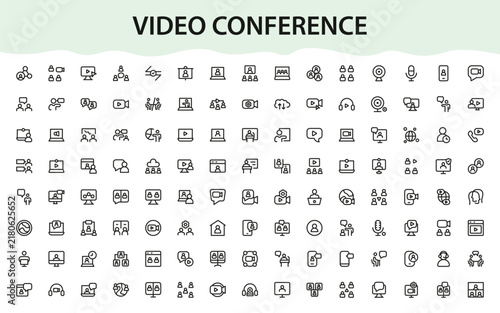 Video Conference icon set. Professional icons illustration featuring high quality web calls and interactive digital presentations.
