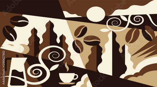 Abstract vector illustration of coffee beans, hot drink cups, and decorative swirls.