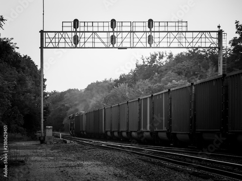 Foto Black and white photo of a freight train passing beneath a steel signal bridge a