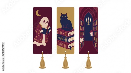 Three halloween bookmarks with ghost and black cat illustration