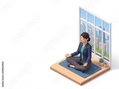 Professional woman practicing mindfulness meditation by a window overlooking a modern city skyline, symbolizing work-life balance and stress reduction in a corporate environment