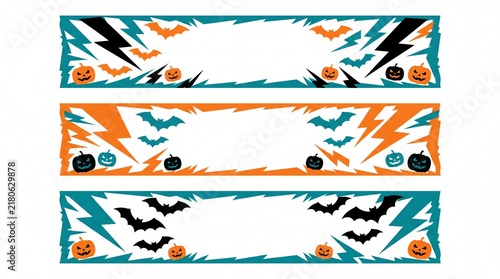Halloween banner backgrounds with bats pumpkins and lightning bolts flat vector set