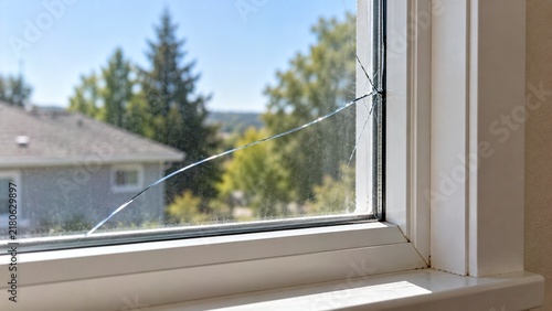 Close-up of residential rental apartment window showing localized crack extending through glass from one edge, realistic move-out property inspection