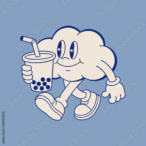 Vintage 1930s Rubber Hose Cartoon Cloud Mascot Drinking Boba Tea