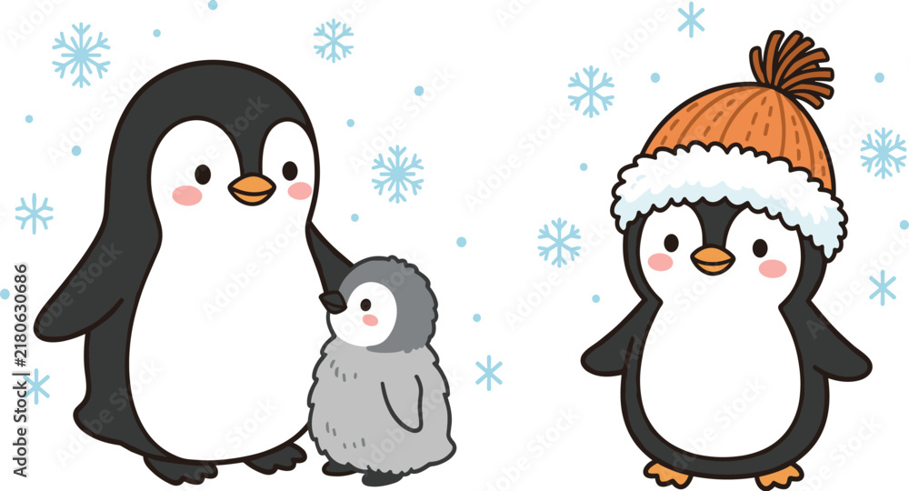 Fototapeta premium Cute Penguin Winter Illustration Collection, Adorable Penguin Parent and Baby with Christmas Hat, Snowflakes and Arctic Holiday Vector Set