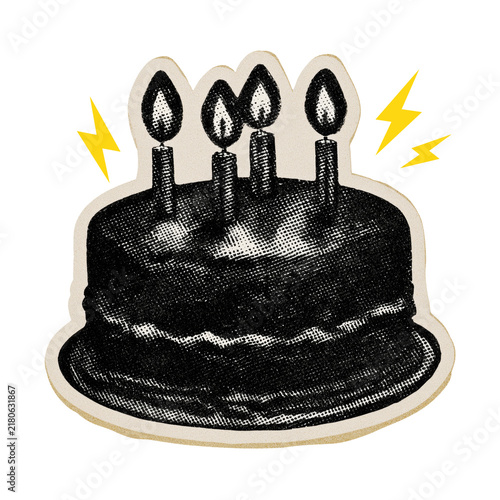 Halftone birthday cake with four lit candles and lightning bolts on a transparent background