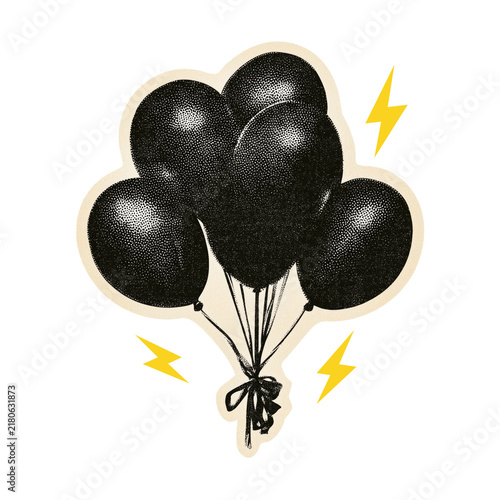 Halftone bunch of balloons tied with ribbon and lightning bolts on a transparent background