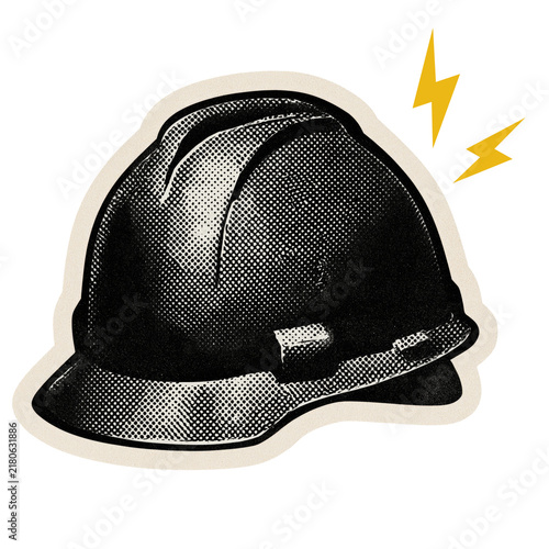 Halftone construction hard hat side profile with lightning bolts isolated on a transparent background