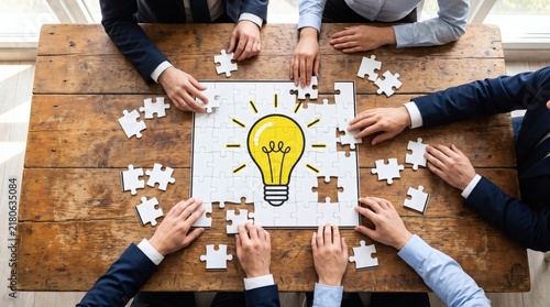 Business team working together to solve a puzzle with a light bulb icon