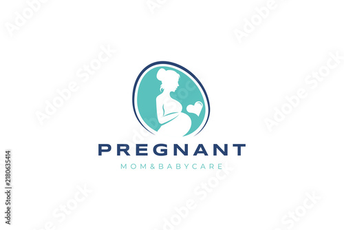 Pregnant Mom and Baby Care Logo with Pregnant Woman Silhouette and Heart inside Oval Frame for Maternity Clinic
