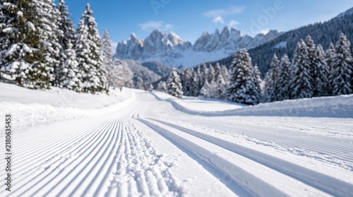 Freshly Groomed Cross-Country Ski Trail in Snowy Alpine Mountain Landscape on Sunny Winter Day