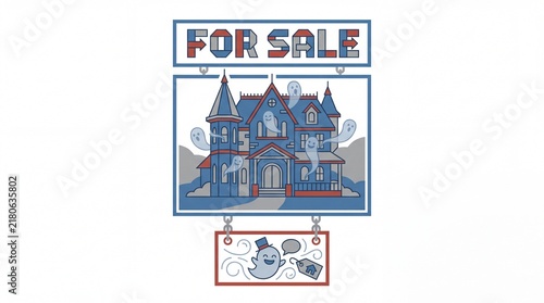 Flat-lay illustration of haunted victorian house for sale sign with ghosts and tag