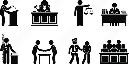 Law and justice pictogram set featuring judge, lawyer, scale of justice, oath, handcuffs, police, and court jury