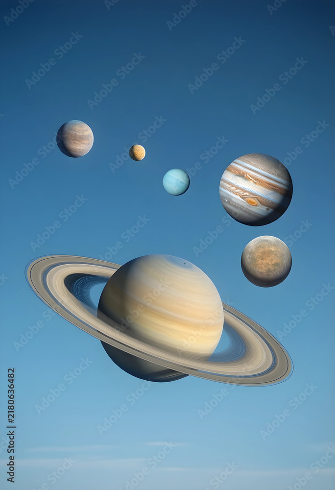 Fototapeta premium Realistic photo of five planets in elliptical orbit against blue sky