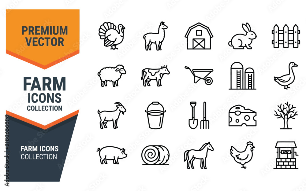 Fototapeta premium Farm icons collection with domestic animals and agricultural tools in thin line style.